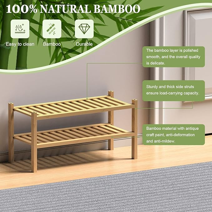 ROMGUAR CRAFT (Thick Bamboo Shoe Rack for Entryway, 2-Tier Free Standing Shoe Racks Stackable Shoe Rack Organizer for Hallway Closet Living Room 27 x12 x14 Inches