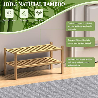 ROMGUAR CRAFT (Thick Bamboo Shoe Rack for Entryway, 2-Tier Free Standing Shoe Racks Stackable Shoe Rack Organizer for Hallway Closet Living Room 27 x12 x14 Inches