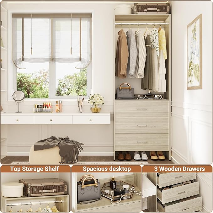 Aheaplus 2FT Closet System with 3 Drawers, 24’’ Closets Organizer, Wood Closet Organizer System, Walk-in Closets or Small Wardrobe, Clothes Rack with Hanging Rods, White Oak