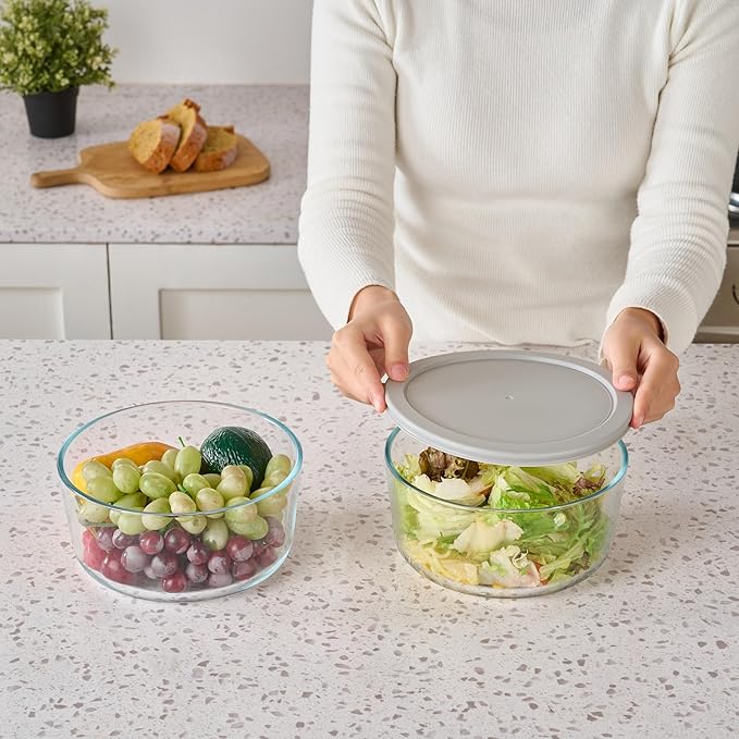 8-Piece Glass Food Storage Containers Set (4 Containers + 4 BPA-Free Lids) | 6.5-Cup, Leakproof | Microwave, Freezer, Oven & Dishwasher Safe | Ideal for Meal Prep & Pantry Organization, Grey