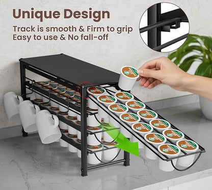 HFHOME Coffee Pod Organizer for Countertop, 4-Tier Metal Storage Drawer, Holds 56 Capsules, Coffee Station Holder for Kitchen, Office, or Home, 3 cup rack, Black