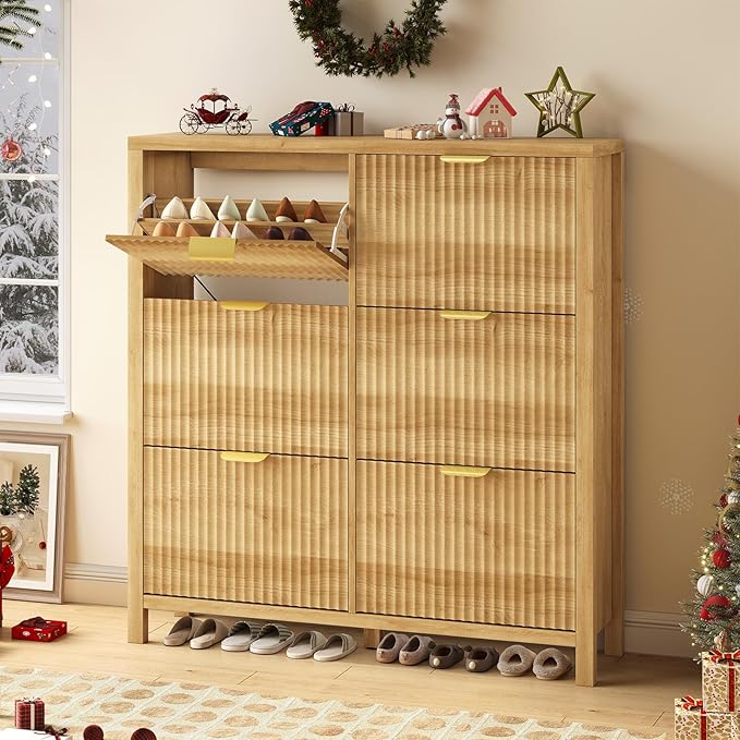 YOMILUVE 47.3" Shoe Cabinet Storage for Entryway, Fluted Shoe Cabinet with 6 Flip Drawers, Slim Shoe Rack Freestanding Wooden Shoe Organizer with Legs for Hallway, Oak