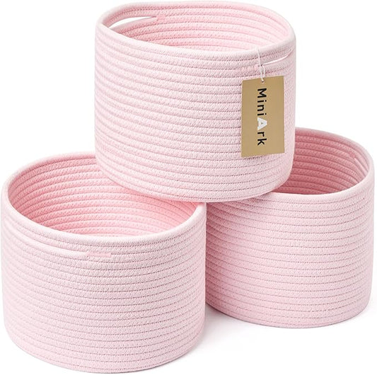MiniArk Small Basket for Organizing | Cube Shelf Closet Storage Baskets | 9.7×9.7×7.1” | Woven Rope Gift Basket | Nursery | Round 3 Packs Light Pink