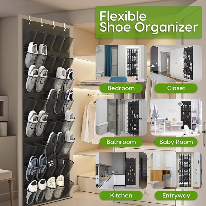 Over the Door Shoe Organizer with 40 Large Breathable Mesh Pockets, Space Saving Shoe Holder, Hanging Shoe Rack for Entryway Bedroom Closet Storage (Black, 40 Pockets)