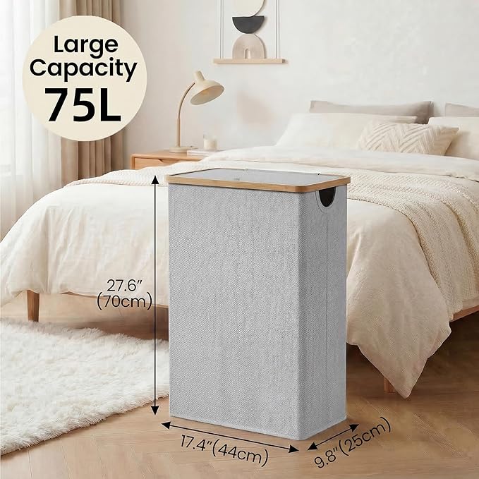 efluky Slim Laundry Basket with Lid, Narrow Laundry Hamper with Removable Bag, Skinny Dirty Clothes Basket with Bamboo Handles for Bathroom, Bedroom & Laundry Room, 75L Light Grey