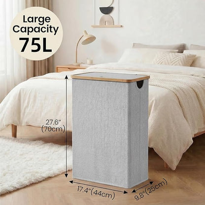 efluky Slim Laundry Basket with Lid, Narrow Laundry Hamper with Removable Bag, Skinny Dirty Clothes Basket with Bamboo Handles for Bathroom, Bedroom & Laundry Room, 75L Light Grey