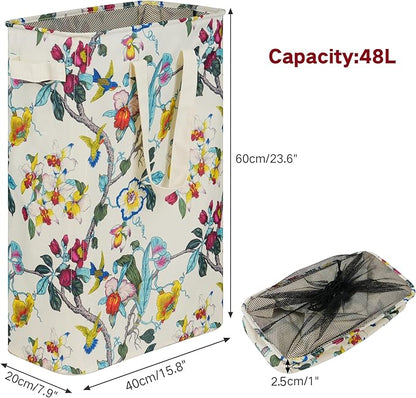 efluky Slim Laundry Basket, Narrow Laundry Hamper with Handles, Collapsible Dirty Clothes Hamper, Tall Laundry Bin for Laundry Room, Dorm and Bedroom, 48L (12.7 Gallon) Floral
