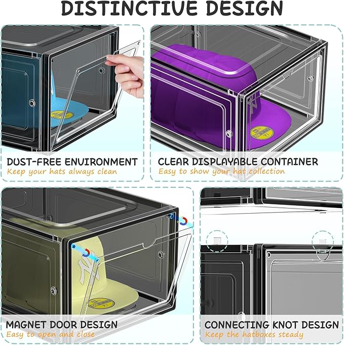 SCAVATA 6 Pack Hat Organizer Box, Stackable Clear Baseball Caps Holder Box Containers with Magnetic Door for Hats Snapback Cap Storag, Hat Rack Display Case, Holds 8 Hats Each (Black)