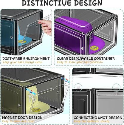 SCAVATA 6 Pack Hat Organizer Box, Stackable Clear Baseball Caps Holder Box Containers with Magnetic Door for Hats Snapback Cap Storag, Hat Rack Display Case, Holds 8 Hats Each (Black)