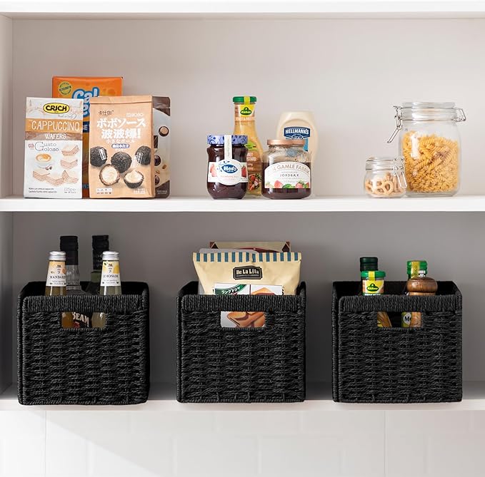 joybest Black Wicker Baskets for Shelves, 13.4L x 8.3W x 7.1H inch Hand-woven Storage Baskets for Pantry Organizing, Foldable Rectangular Bin with Handles, 2-pack