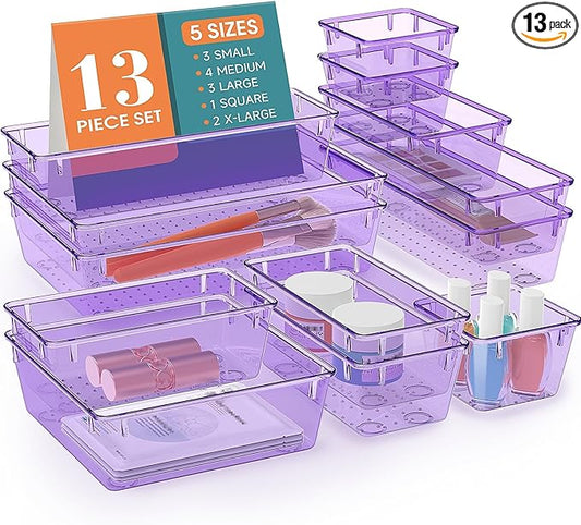 StorMiracle 13 PCS Drawer Organizer Set, 5 Varied Size Bathroom and kitchen Drawer cabinet organizer Trays, Clear Storage Bins for Makeup, Jewelry, Utensils and Gadgets, Purple