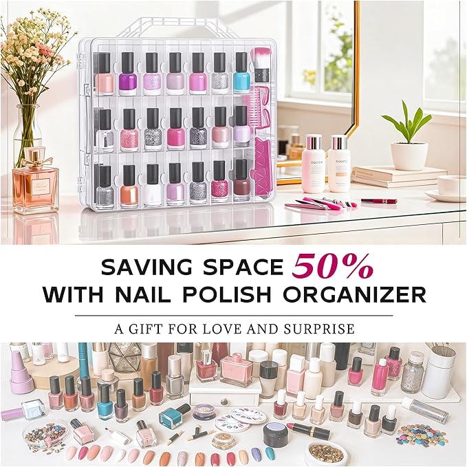DreamGenius Nail Polish Organizer Case for 48 Bottles with 2 Nail Separators, Double Side Gel Nail Polish Holder with Adjustable Dividers, Clear