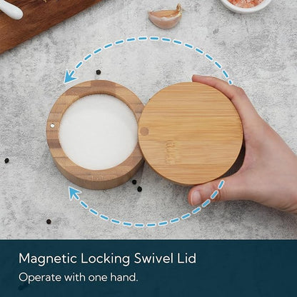 KITCHENDAO Bamboo Salt Cellar Bowl Box，Elegant Kitchen Container Holder with Swivel Magnetic Lid to Store Pepper Spice Bath or Favorite Seasonings, 6oz