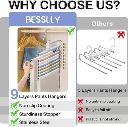 Upgrade Pant Hangers Space Saving, Non Slip Stainless Steel Multifunctional Pants Rack S-Type Clothes Pant Closet Hanger Organizer with Hooks for Pants Jeans Trousers Scarf Skirts (Onyx Black, 4 Pack)