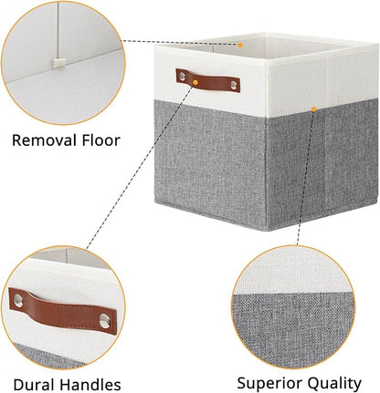 DULLEMELO 11x11 Storage Cubes, Collapsible Sturdy Cube Storage Bins With Handles for Organizing,Fabric Storage Cubes Baskets for Shelves Nursery Closet Home Organization and Storage (White&Grey)
