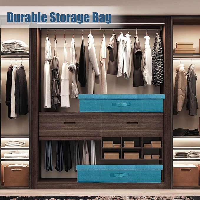 Supowin Underbed Storage Containers Bin with Lids (2pcs) Large Under Bed Storage Organizer Box with Handle, Foldable Under the Storage Bags for Organizing Clothes, Shoes, Blankets, Pillows-Cyan blue