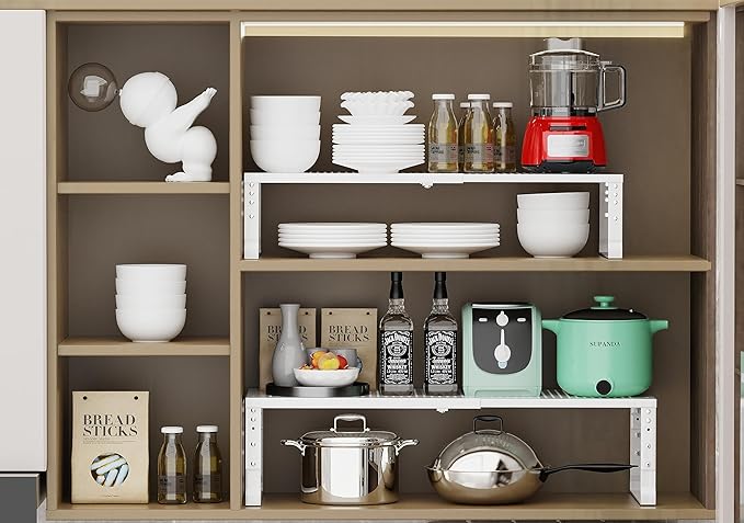 Jojocross Expandable Adjustable Stackable Kitchen Organizer, Spice Rack,Metal Pantry Storage Shelves Racks,Counter Shelf for Cabinets, Countertop, Cupboard(3 Packs/Large/White)