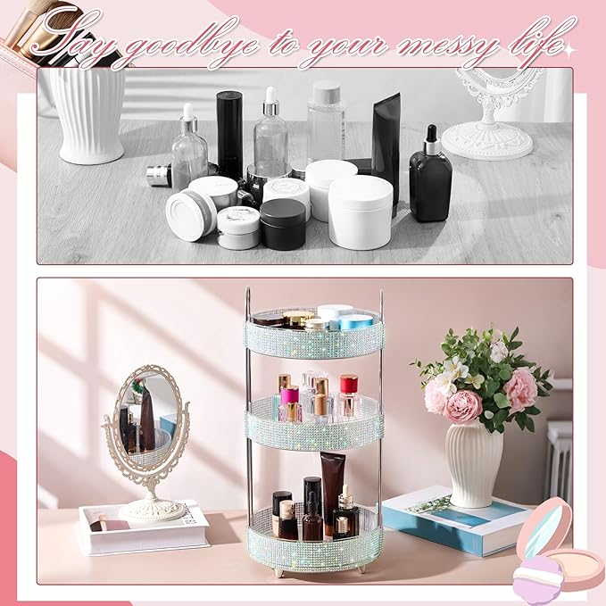 Honeydak 360 Rotating Perfume Organizer for Mother Day Nurse Day Rhinestone Bathroom Counter Organizer Makeup Holder Skincare and Perfume Storage for Cosmetic Countertop(3 Tiers,Resin Stone,Silver)