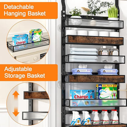 8 Tier Pantry Door Organizer Spice Rack, 2-IN-1 Wall Mount or Hanging Over Door Seasoning Organizer with Adjustable Baskets, Heavy Duty Behind Door Storage Shelves for Pantry, Cabinet and Kitchen