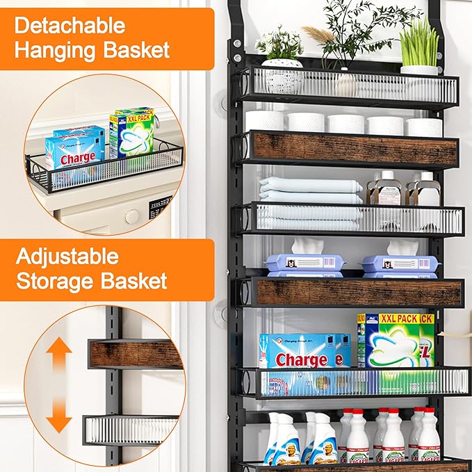 6 Tier Pantry Door Organizer Spice Rack, 2-IN-1 Wall Mount or Hanging Over Door Seasoning Organizer with Adjustable Baskets, Heavy Duty Behind Door Storage Shelves for Pantry, Cabinet and Kitchen