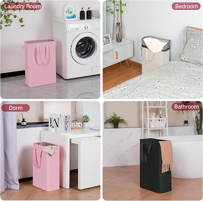 efluky Slim Laundry Basket, Narrow Laundry Hamper with Handles, Collapsible Dirty Clothes Hamper, Tall Laundry Bin for Laundry Room, Dorm and Bedroom, 12.7 Gallons(48L) Pink