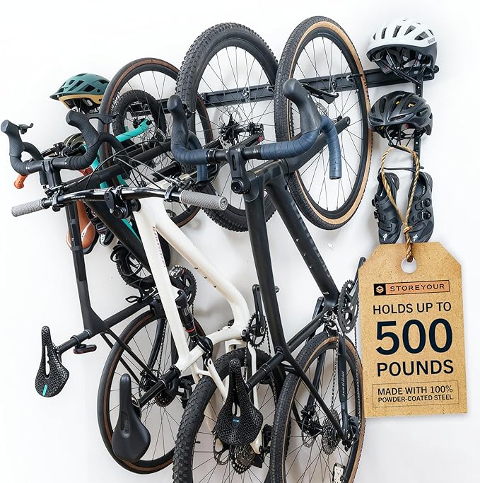 StoreYourBoard BLAT Modular Wall Bike Rack - Adjustable Bike Wall Mount System for Mountain Bikes and Road Bikes - Holds Up to 4 Bikes with Accessories - Heavy-Duty Steel Garage Storage Hooks - Black