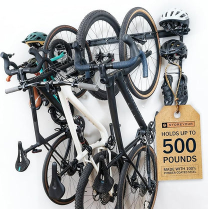 StoreYourBoard BLAT Modular Wall Bike Rack - Adjustable Bike Wall Mount System for Mountain Bikes and Road Bikes - Holds Up to 4 Bikes with Accessories - Heavy-Duty Steel Garage Storage Hooks - Black