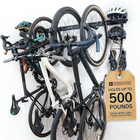 StoreYourBoard BLAT Modular Wall Bike Rack - Adjustable Bike Wall Mount System for Mountain Bikes and Road Bikes - Holds Up to 4 Bikes with Accessories - Heavy-Duty Steel Garage Storage Hooks - Black
