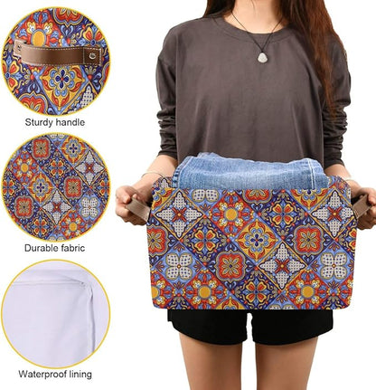 Foldable Storage Baskets, Mexican Ceramic Tile Pattern Storage Bins with Handles, Decorative Cloth Organizer Storage Boxes for Home|Office 15 x 11 x 9.5 in