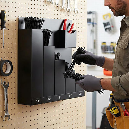 Cable Tie Holder with Cutter Pliers & 250 Zip Ties Wall Mount Zip Tie Storage Rack Organizer for Garage Tool Rooms Workshop