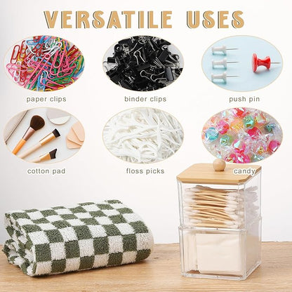 Qtip Holder Acrylic Container for Cotton Swab, Cotton Pads, Floss Picks - Restroom Containers Bathroom Essentials Accessories Decor Vanity Storage Organizer, 3.5'' x 3.5'' x 5.3''