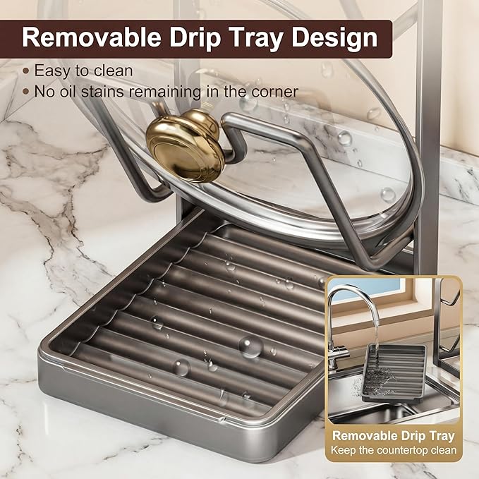 Didaey 2 Pack Pot Lid Organizer Rack 6-Tier Pot Lid Holder While Cooking Carbon Steel Kitchen Cover Storage Rack Multifunctional Stand for Countertop Stove Top Cabinet Shelf Spoon