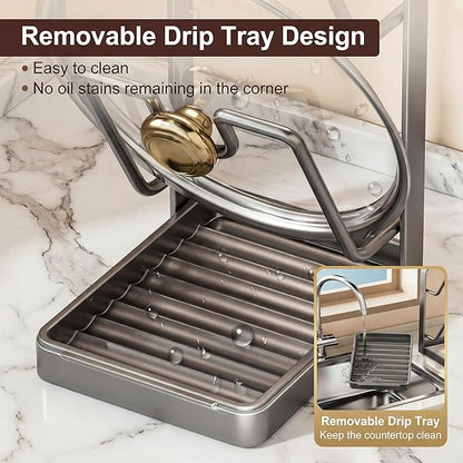 Didaey 2 Pack Pot Lid Organizer Rack 6-Tier Pot Lid Holder While Cooking Carbon Steel Kitchen Cover Storage Rack Multifunctional Stand for Countertop Stove Top Cabinet Shelf Spoon