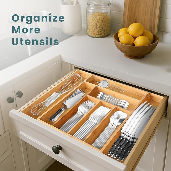 Sben Expandable Drawer Organizer for Utensils Holder, Adjustable Cutlery Tray, Wood Drawer Dividers Organizer for Silverware, Flatware, Knives for Kitchen (Bamboo, Medium)