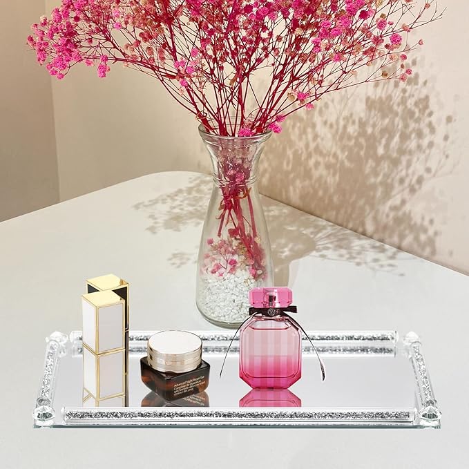 Glass Mirror Vanity Tray, 13.8" x 5.9" Crushed Diamond Silver Crystal Rectangular Perfume Makeup Display Tray, Jewelry Trinket Cupcake Holder for Home Decor Christmas Banquet Party Gift