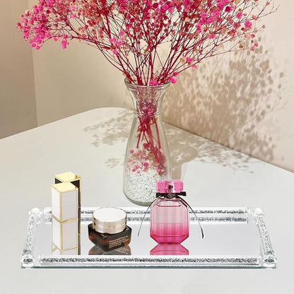 Glass Mirror Vanity Tray, 13.8" x 5.9" Crushed Diamond Silver Crystal Rectangular Perfume Makeup Display Tray, Jewelry Trinket Cupcake Holder for Home Decor Christmas Banquet Party Gift