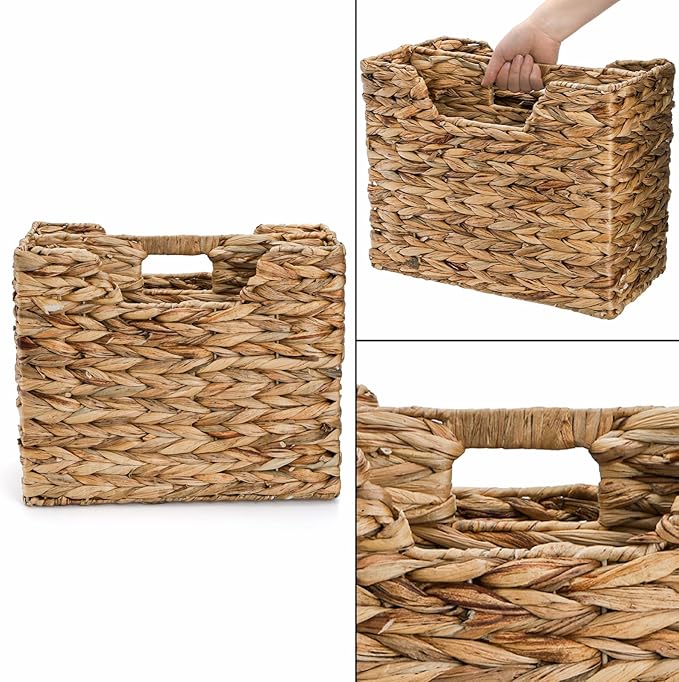 Yesland Hand-Woven Magazine Basket, Natural Narrow Water Hyacinth Holder Magazine Wicker Basket Organizer for Files, Decorative Divided Magazine Storage Basket Bin with Handle for Home, Office, Desk
