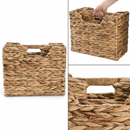 Yesland Hand-Woven Magazine Basket, Natural Narrow Water Hyacinth Holder Magazine Wicker Basket Organizer for Files, Decorative Divided Magazine Storage Basket Bin with Handle for Home, Office, Desk