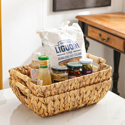 Mowtanco Woven Storage Baskets – Set of 2 Handwoven Water Hyacinth Wicker Baskets with Wooden Handles for Organizing, Decorative Baskets for Laundry Room, Home Decor - 2 Medium