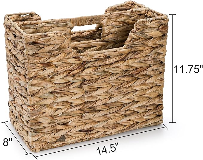 Yesland Hand-Woven Magazine Basket, Natural Narrow Water Hyacinth Holder Magazine Wicker Basket Organizer for Files, Decorative Divided Magazine Storage Basket Bin with Handle for Home, Office, Desk