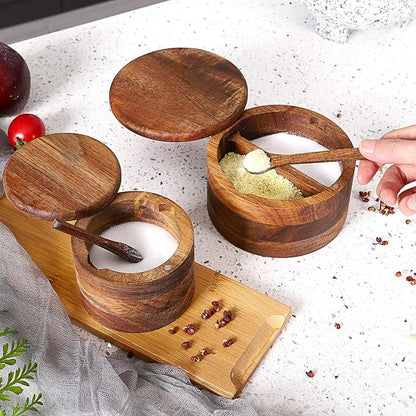Acacia Wood Salt and Pepper Bowl, Nature Wood Salt Cellar and Spices Storage Box With Built-in Spoon and Magnetic Swivel Lid (Single Compartment 6.5 oz)