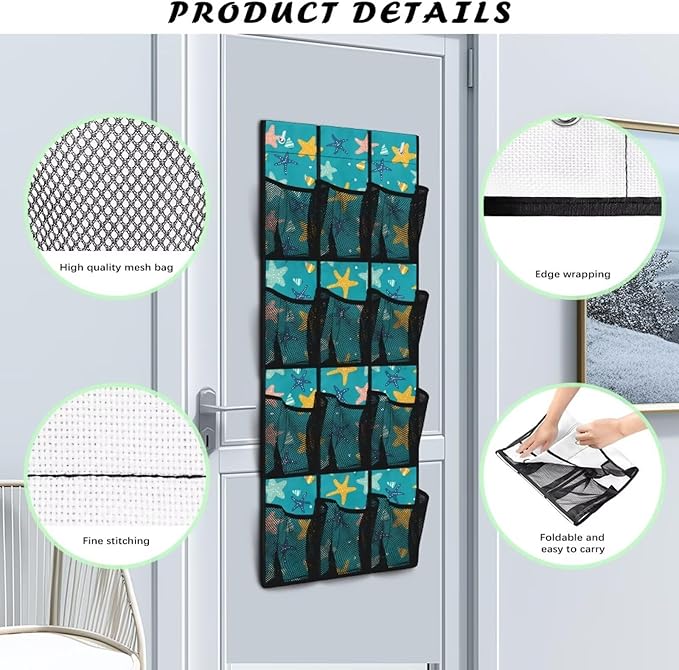 Starfish Hanging Storage Shoe Organizer for Closet 12 Mesh Pockets Hanging Storage Bags Holder for Sundries Clothes Boots Toys