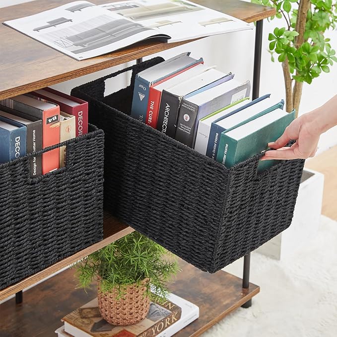 Vagusicc Wicker Storage Basket, Set of 2 Hand-Woven Paper Rope Wicker Basket, Small Storage Baskets for Organizing Toilet Paper Baskets, Foldable Large Cube Storage Organizer Bin for Shelves (Black)