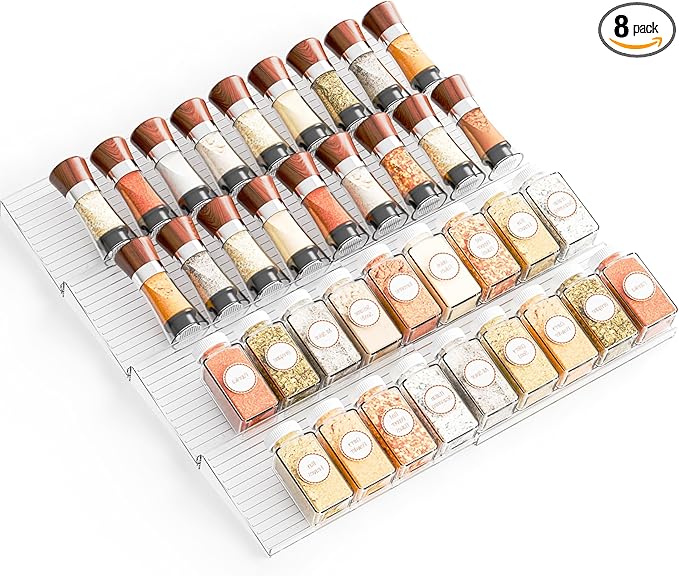 Yieach 8 Pack Adjustable Narrow In Drawer Spice Organizer - Expandable From 9'' to 17.7'' - Acrylic Drawer Seasoning Organizer,Clear Spice Drawer Insert Tray for Drawers Condiment,Jar Organization
