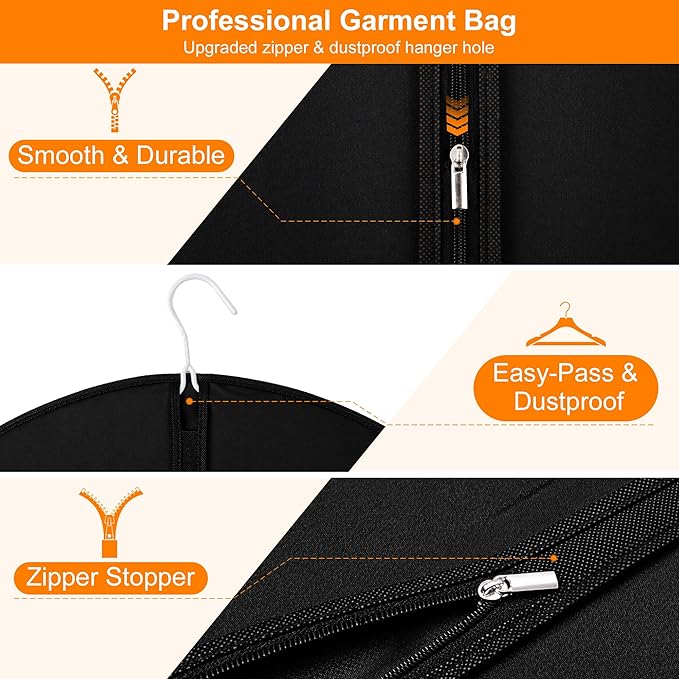 Garment Bags for Travel & Hanging Clothes, 55" Suit Bag for Closet Storage, Lightweight Dress Bags for Gowns Long, Dustproof Garment Covers with Clear Window & Reinforced Zipper, Black (1 Pack)