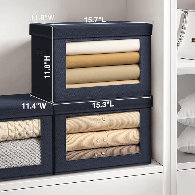 Homsorout Stackable Storage Bins with Lids - Large Storage Box with Lids, Foldable Closet Boxes for Organizing, Wardrobe Clothes Organizer with Window, Cubes Bins for Living Room, 3 Pack, Navy Blue