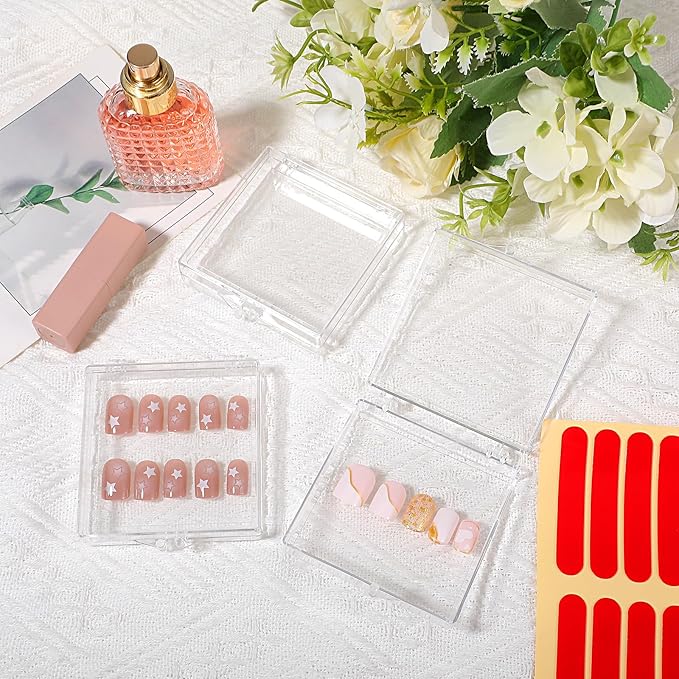 50PCS Press On Nail Storage Boxes Clear Plastic Fake Nail Tips Display Case with 150Pcs Adhesive Double Sided Tape Empty Packaging Boxes Container for Home Beauty Nail Art Business Salon
