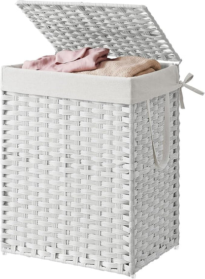 SONGMICS HOME Laundry Hamper with Lid, Clothes Basket with Removable Liner and Handles, 23.8 Gallon, Foldable Narrow Laundry Organizer for Bathroom, Bedroom, White