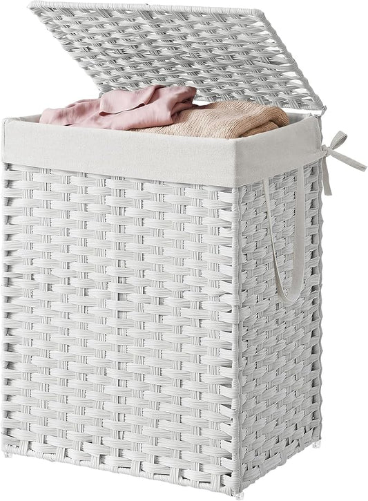 SONGMICS HOME Laundry Hamper with Lid, Clothes Basket with Removable Liner and Handles, 23.8 Gallon, Foldable Narrow Laundry Organizer for Bathroom, Bedroom, White