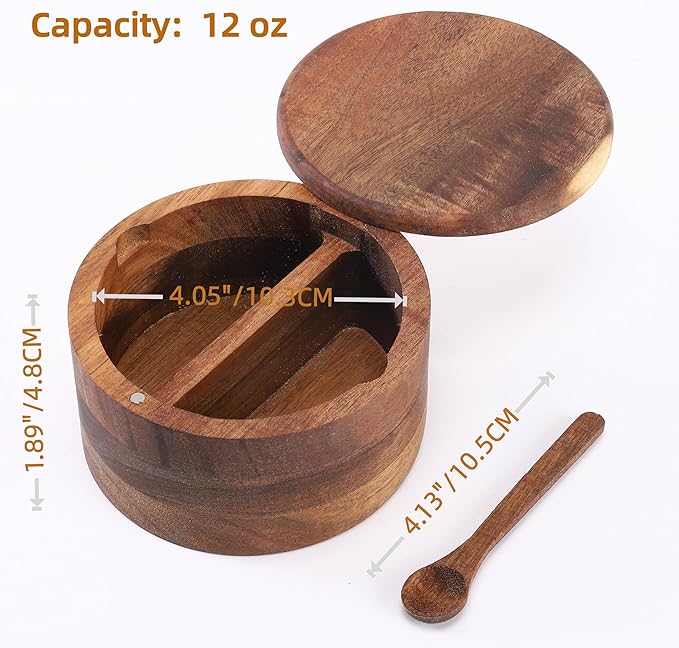 Acacia Wood Salt and Pepper Bowl, Nature Wood Salt Cellar and Spices Storage Box With Built-in Spoon and Magnetic Swivel Lid (Two Compartments 12 oz)